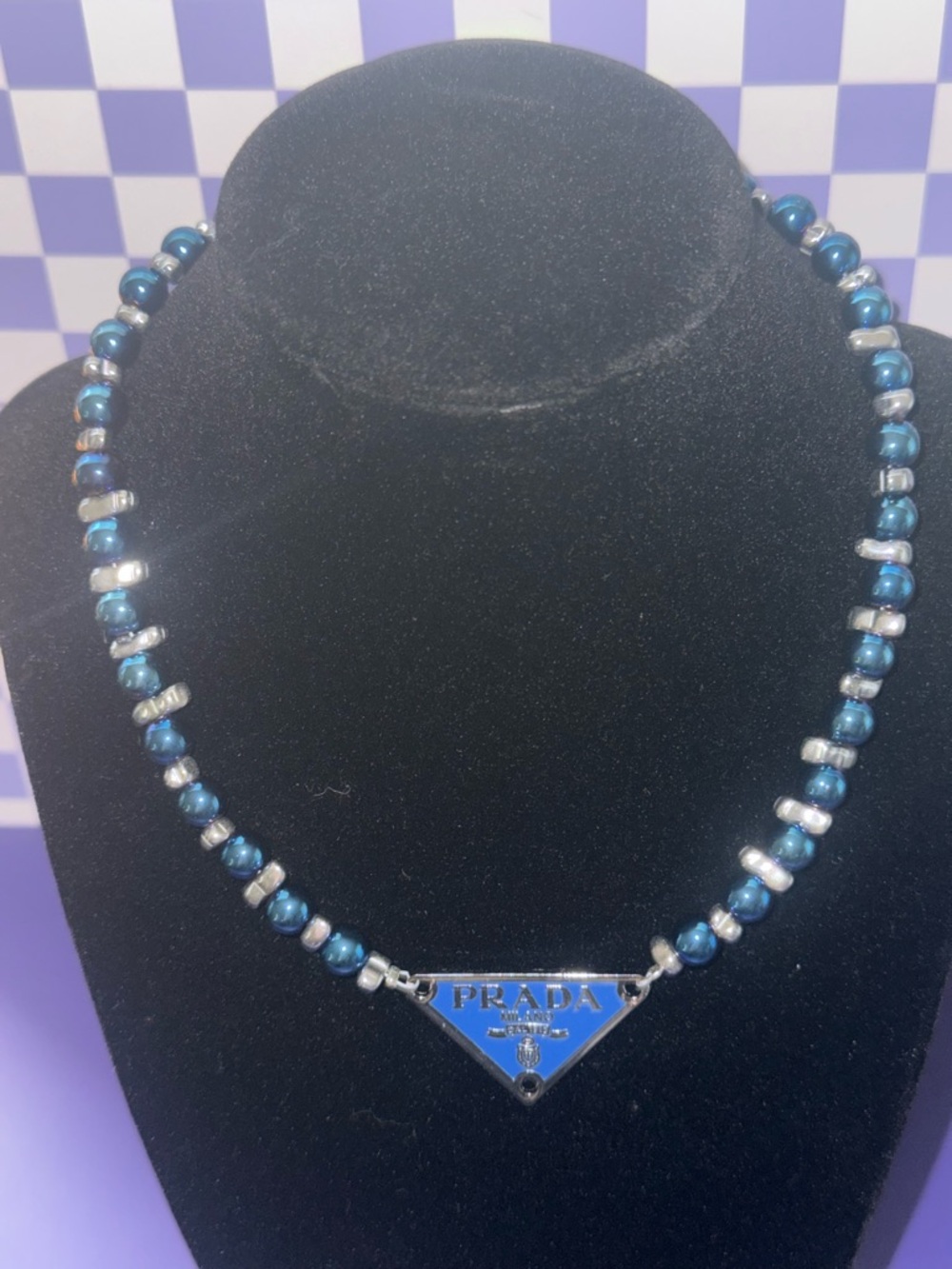 Handmade Blue Beaded P Triangle Logo Necklace